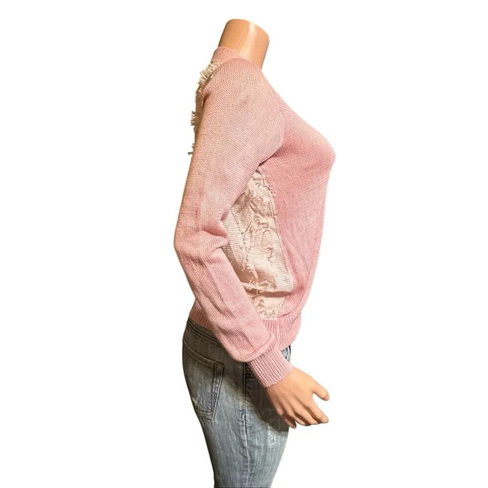 Julien David button-up long sleeve knit pink back fringe sweater S